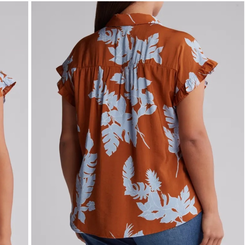 Pleione Hawaiian Crinkle Sleeve Shirt Rust Floral Blue Plumeria Print Top 3X - Picture 2 of 7